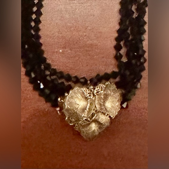 Antique Multi Strand Black Faceted Crystal Bead Necklace with Gold Plated Clasp - Picture 2 of 6